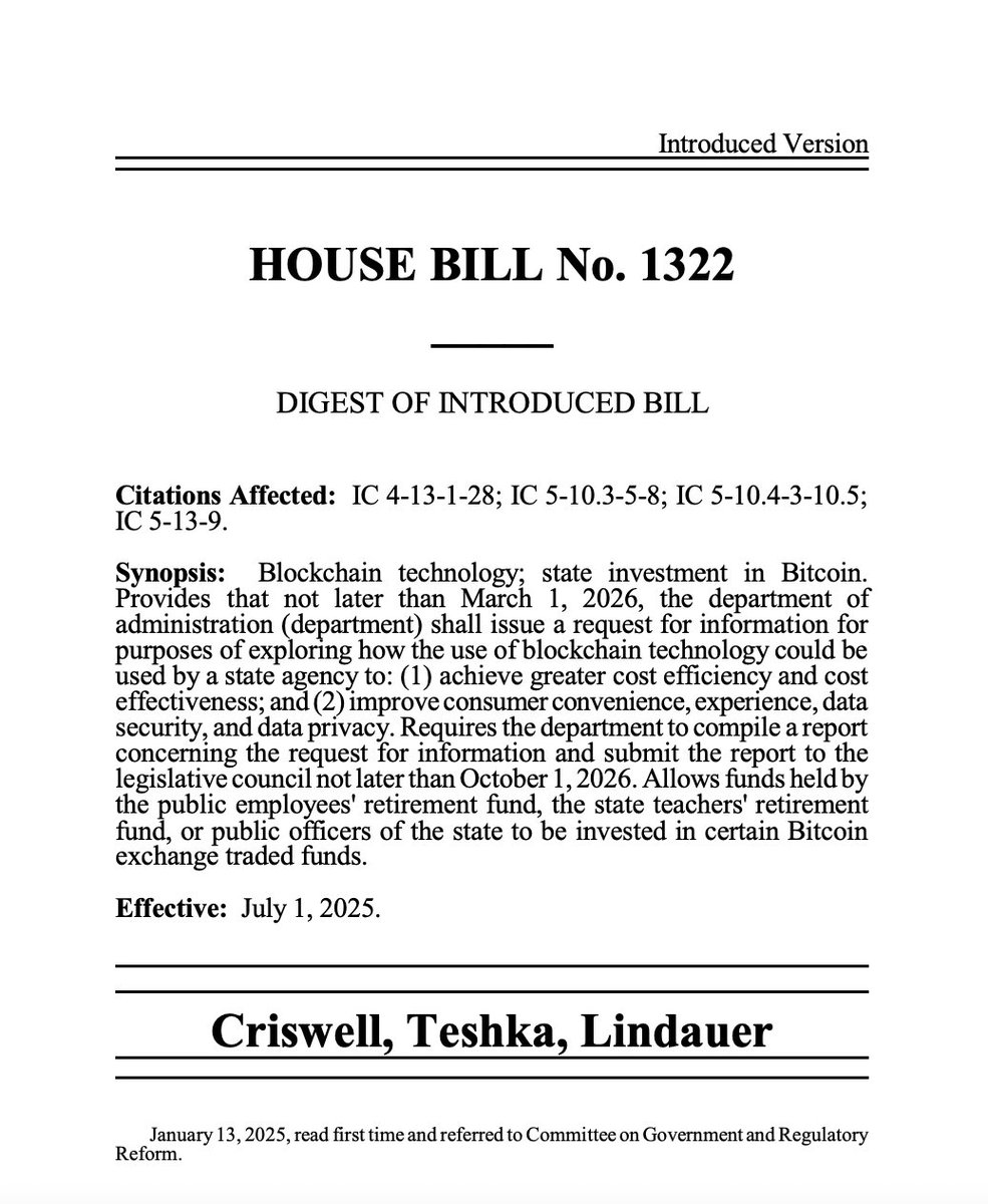 🇺🇸 LATEST: Indiana introduces a bill allowing the state to invest its retirement funds in Bitcoin ETFs. https://t.co/3HpI8FSfRA